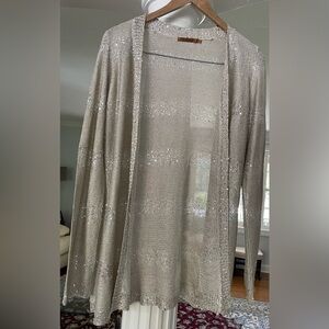 Bellini women’s open front cream silver sequin knit Cardigan size X Large
